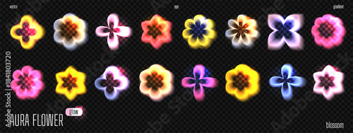 Y2k aesthetic design with soft gradient flowers and neon glow effect for summer sticker. Purple and yellow blurry shapes and abstract geometric element for retro poster or social media background