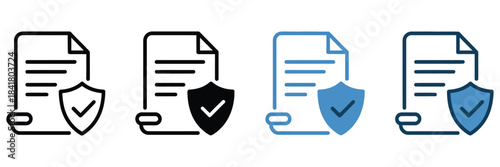 Document protection icon set featuring legal contract security, safety verification, data privacy compliance, and assurance symbols, perfect for business, legal, technology, digital security projects,