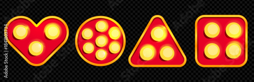 Heart and square marquee circus board. Carnival light label for retro cinema or vintage movie signboard. Hollywood party signage for quiz medal design with lamp. Concert or festival sticker