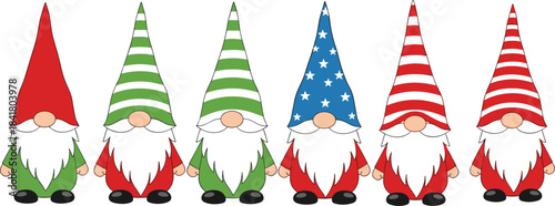 Cartoon Christmas gnome character set with festive hats, beards, and outfits for holiday decoration and seasonal design themes.