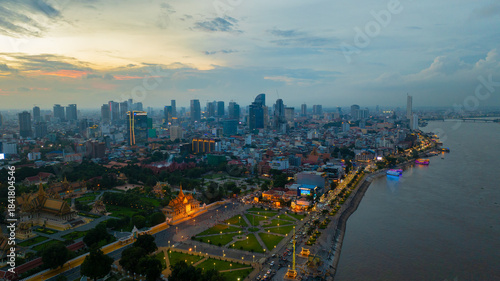 Aerial view of Phnom Penh Cityscape at the sunset, Cambodia