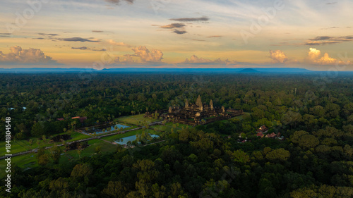 Aerial view of Ancient Khmer architecture. Panorama view of Angkor Wat temple at sunset. Siem Reap, Cambodia