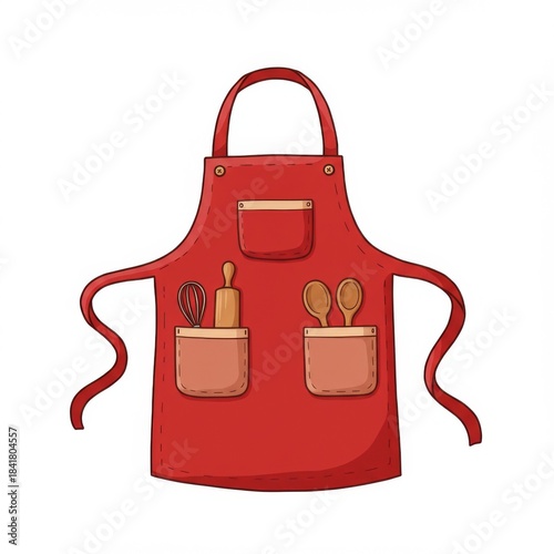 Red Apron with Kitchen Utensils Pockets and White Background in Cartoon Style