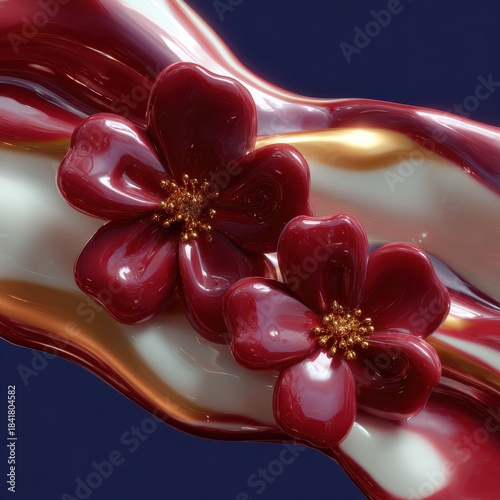 Metallic liquid ribbon with glossy red blossoms on dark background