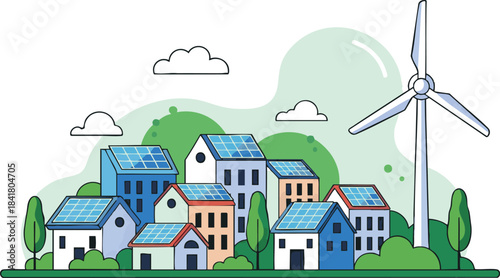 Illustration of a sustainable eco friendly village with houses featuring solar panels on roofs and a large wind turbine generating clean renewable energy amidst green hills and trees