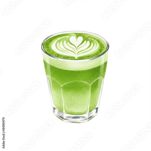 Matcha Latte in Glass with Heart Foam on Isolated White Background Digital Art