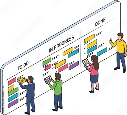 Agile team collaborating on a large kanban board with sticky notes and tasks illustrating project management and workflow organization in a modern business setting