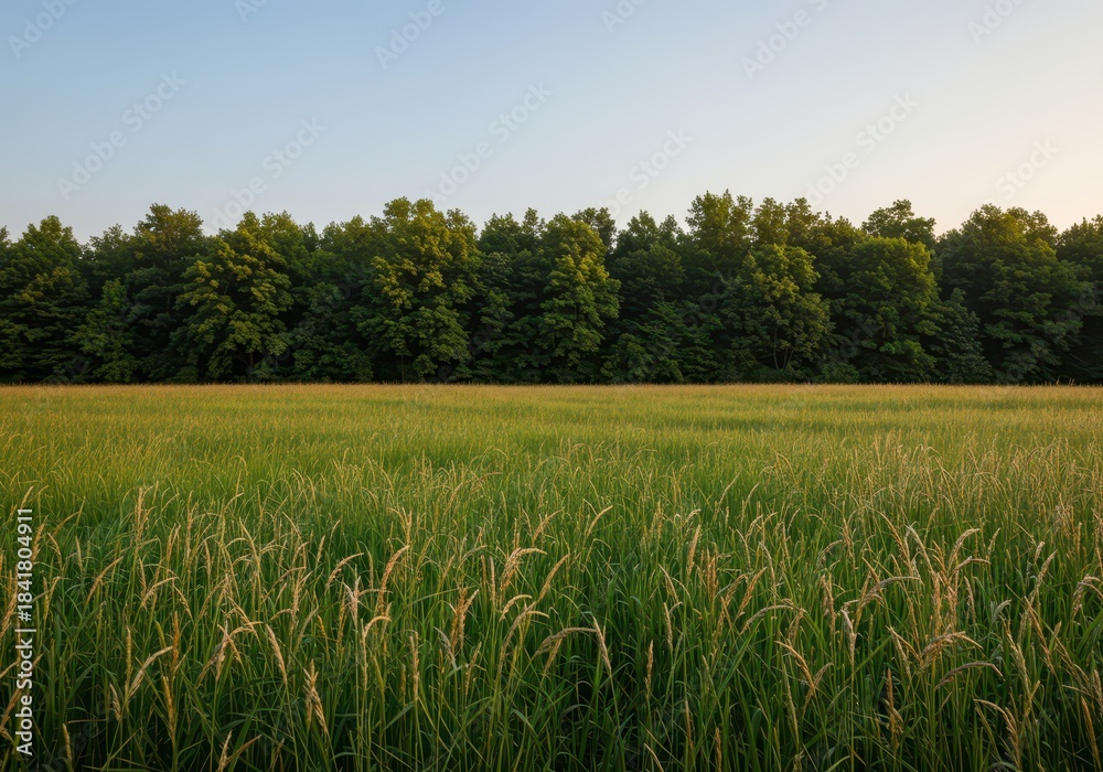 Fototapeta premium Beautiful natural boundary where an extensive woodland ecosystem transitions into a wide, peaceful field of green, tall grasses under clear sky, quiet, sky, natural