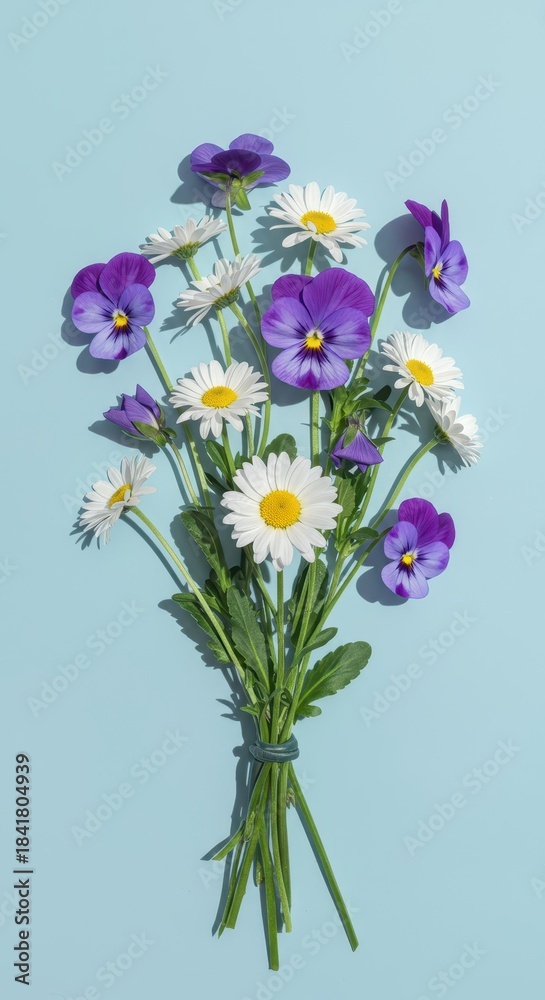 Obraz premium Charming pastel bouquet featuring delicate white daisies and soft lavender pansies arranged whimsically in natural light for a gentle spring feel ,white, pansy, daisies