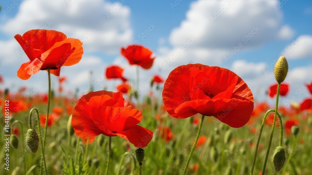 Obraz premium Vibrant Red Poppies Blooming in a Field Under a Blue Sky