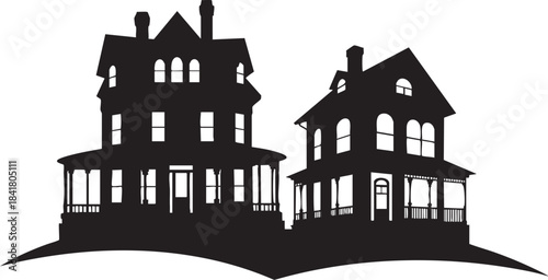 Silhouette of Two Victorian Houses on Transparent Background