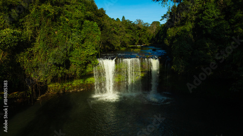 Zipline flights. Tad Fane waterfall in rainforest at Pakse and Champasak city Laos. Tour tourism and travel in Asia.