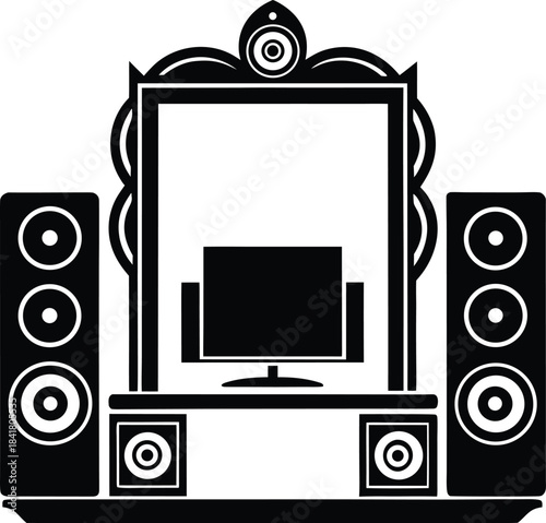 Home theater system icon featuring tv screen and surround sound speakers Vector