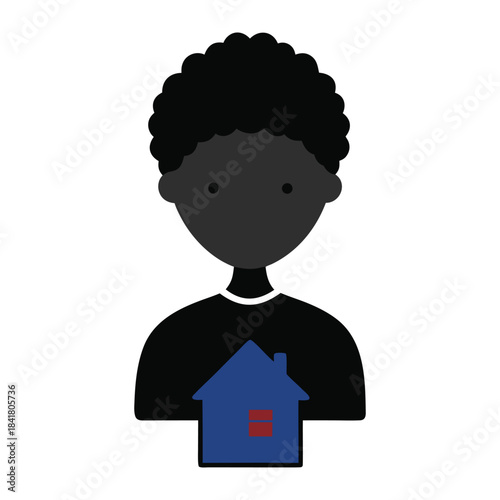 Simple vector illustration of a person with afro hairstyle and a house symbol Vector