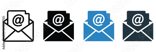 Email envelope with symbol document icon set, featuring outline and solid styles in black and blue, isolated on white background, perfect for digital communication, messaging apps, email interface