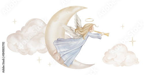 Christmas composition with angel trumpets with light hair and nimbus on moon. Watercolor illustration Christian Nativity angel with wings and stars and clouds for religious baptism invitation.