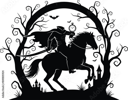 Headless Horseman Riding Through Spooky Forest at Midnight, Holding Pocket Watch, Halloween Concept