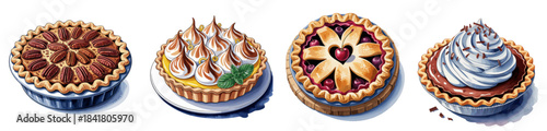 Realistic watercolor-style illustration of pecan, lemon meringue, cherry, and cream-topped pies on white background with detailed textures