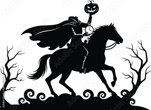 Headless Horseman Silhouette Riding Horse, Holding Pumpkin Head and Pocket Watch, Halloween Concept