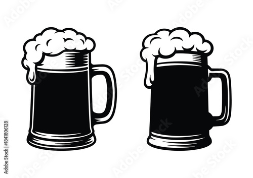Vintage frothy beer mug, Classic beer mugs overflowing with foam heads, elements for logo, label, emblem, sign, badge. Vector illustration