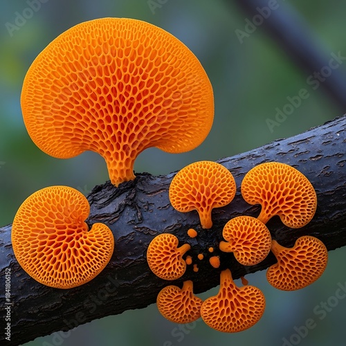 Close up of orange honeycomb bracket fungi growing on a dark tree branch outdoors