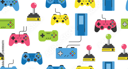 A colorful seamless pattern featuring various retro and modern video game controllers and joysticks