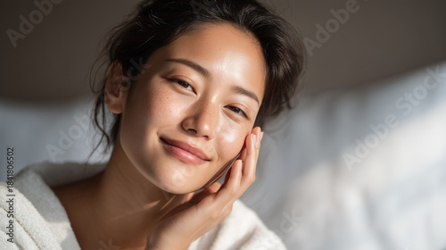 Radiant Glow: A portrait of a woman with healthy and clear skin, her features illuminated by natural light, exudes confidence and beauty.