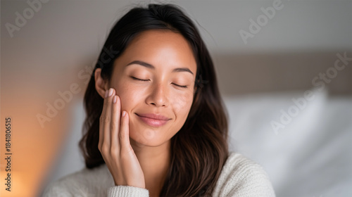  Self-Care: A portrait of a woman experiencing pure serenity. Soft light caresses her skin as she gently touches her cheek. It's a moment of peace, health, and a mindful connection.
