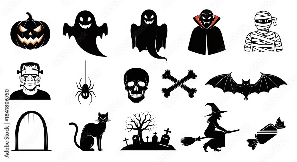 Fototapeta premium Halloween symbols and icons in silhouette style isolated on white