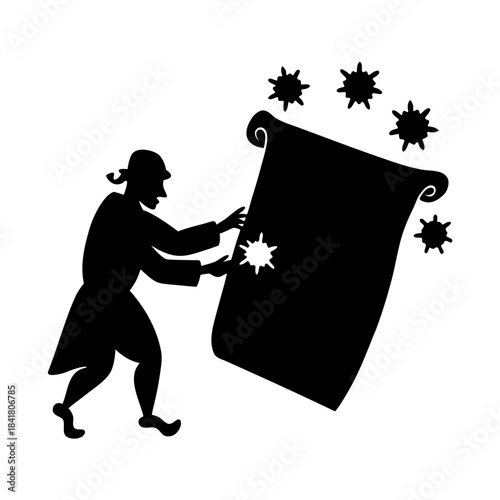 Man pulls down curtain with stars while performing at a theater stage during evening show