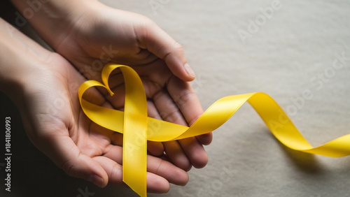 World cancer day awareness ribbon with calligraphy on a white marble background