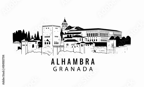Outline illustration of Alhambra Palace fortress Granada Spain