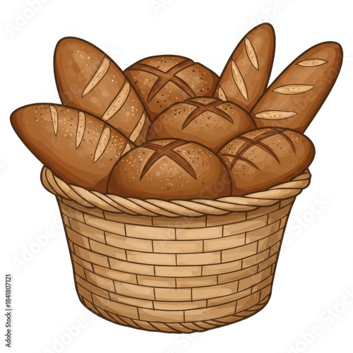 Basket Full of Brown Baked Bread Loaves Baguettes and Round Rolls Still Life Illustration