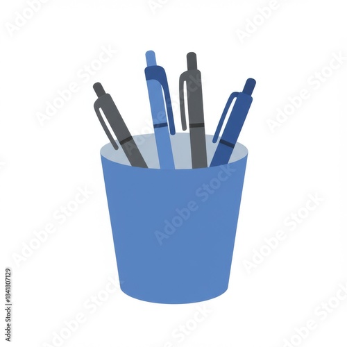 Blue Cup with Several Pens for Writing and Drawing on White Background