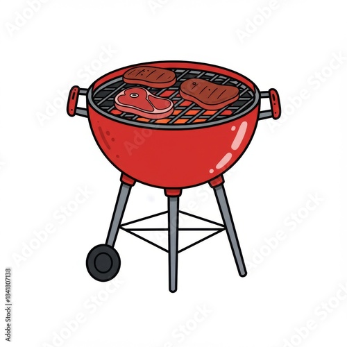 Red Barbecue Grill with Sizzling Meats on a Metal Grid for Outdoor Cooking Illustration