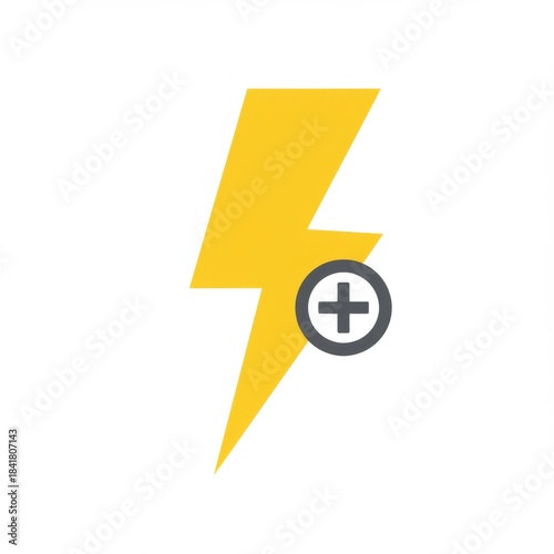 Yellow Lightning Bolt Icon with Plus Sign on a White Background