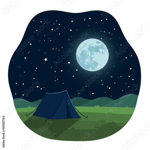 Blue Camping Tent Under Full Moon and Starry Sky Over Green Landscape at Night
