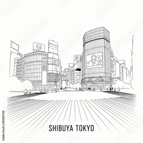 Shibuya Tokyo Japan urban crosswalk buildings outline