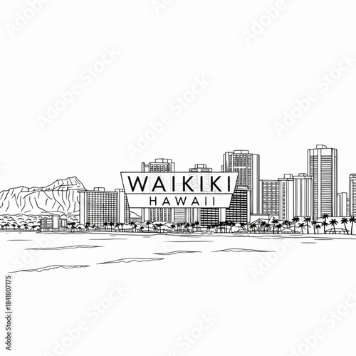 Waikiki Hawaii beach resort skyline drawing