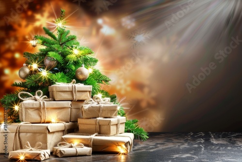 Aerial view of multiple christmas gift boxes with empty space for holiday greetings or messages