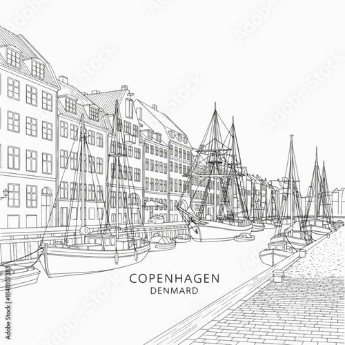 Copenhagen Denmark canal historic buildings drawing