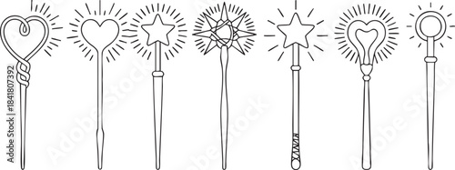 Collection of magical wands with star and heart designs