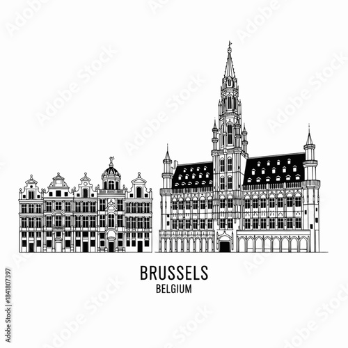 Brussels Belgium Grand Place historic town hall illustration