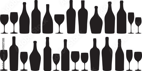 Collection of Wine Bottles and Glasses Silhouettes
