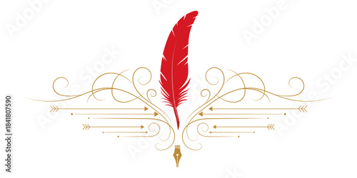 Pen Feather's Emblem An ornate and stylized design showcasing a vibrant red feather, representing creativity, framed within elegant, decorative flourishes and patterns. 