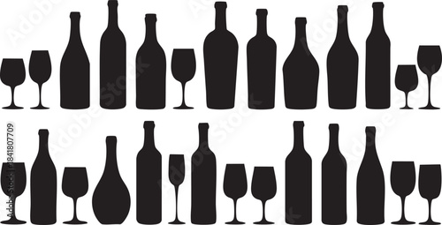 Collection of Wine Bottles and Glasses Silhouettes