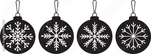Four Snowflake Christmas Ornaments Set Black and White Design
