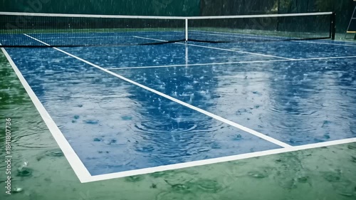 Rain Falling on Tennis Court, Water Puddles on the Surface
