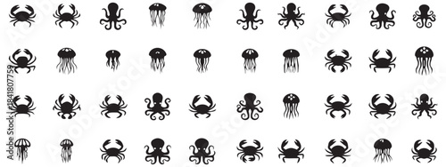 Vector set of sea animals icons – dolphin, crab, starfish, octopus.