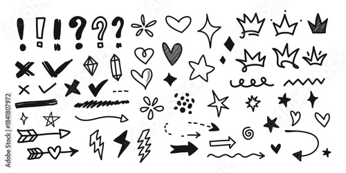 Doodle sketch abstract graphic decoration set. Creative design, royal crown outline, star, love heart shape. Arrow, diamond gem, question mark and check sign elements. Vector illustration